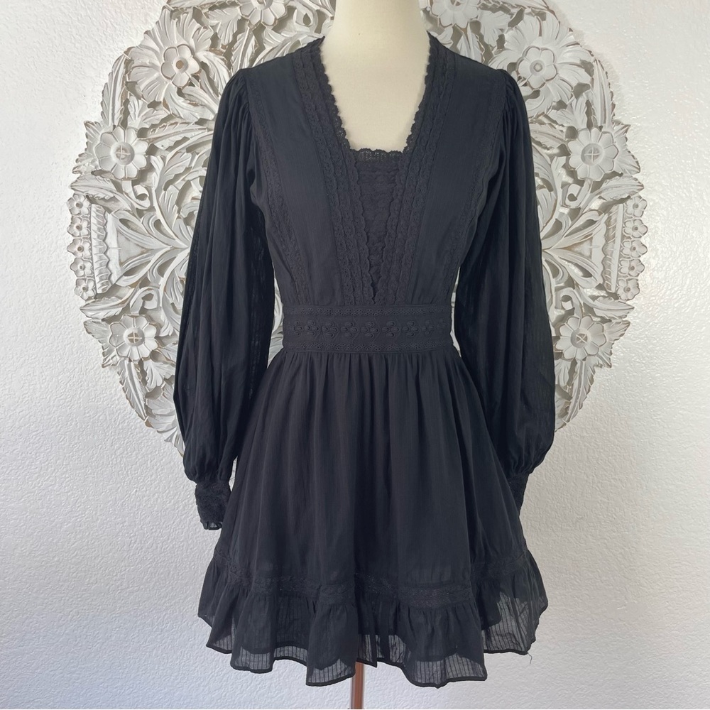 {Reformation} Elisabetta Black Lace Puff-Sleeve Mini Dress, Size 2